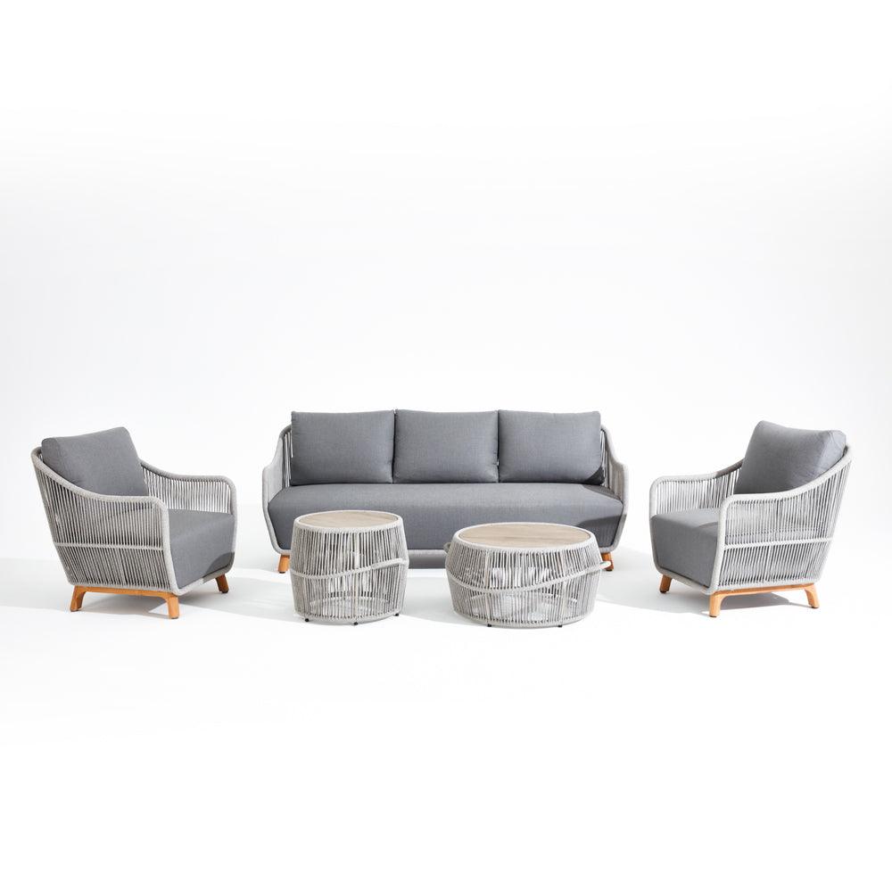 Natural - 5-piece Sofa Set, two tables with ceramic tempered glass, 1 3-seater sofa, 2 single lounge chairs,teak leg, aluminum frame, grey cushions,grey rope- Sunsitt Signature