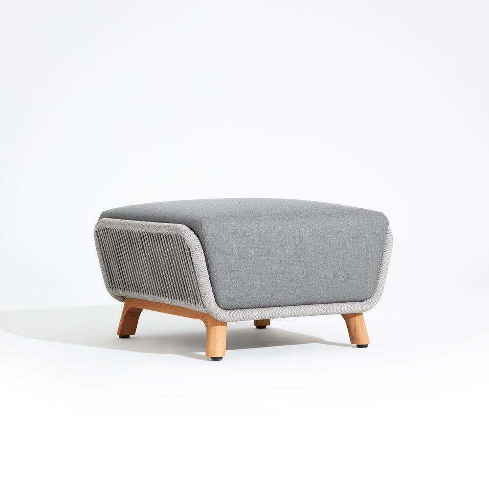 Natural - Cortez Bank Ottoman, classic design, grey rope accent, thick grey cushion,teak legs, front view- Sunsitt Signature