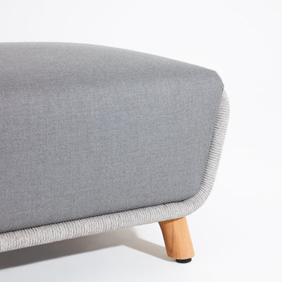 Natural - Cortez Bank Ottoman, classic design, grey rope accent, thick grey cushion, teak legs, side view - Sunsitt Signature